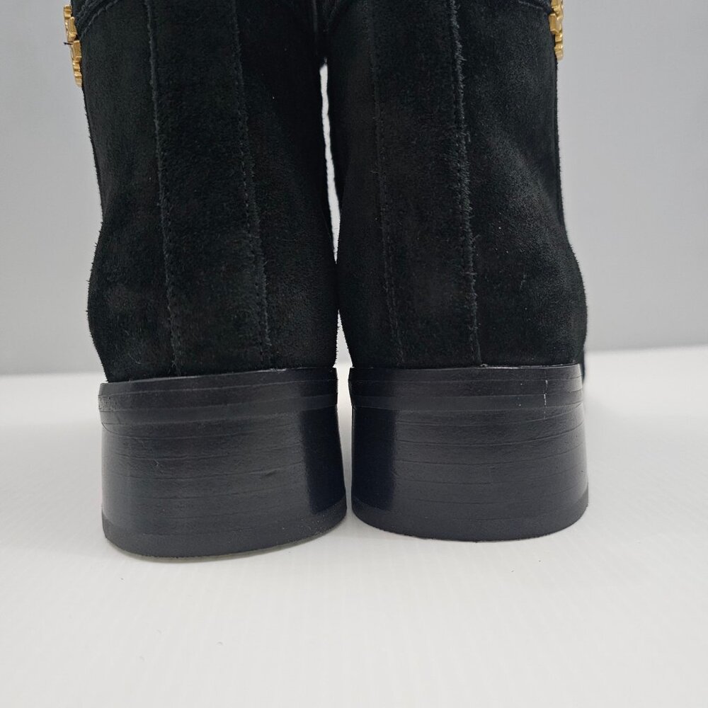 Tory Burch Everly Ankle Boot Womens 7.5 Black Suede Gold Logo Luxury Designer - Picture 9 of 16